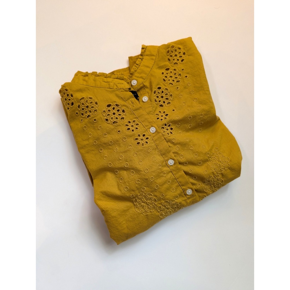 J. Crew Mustard Embroidered Button Ruffled Sleeve Blouse Women's Size Small - Picture 4 of 7